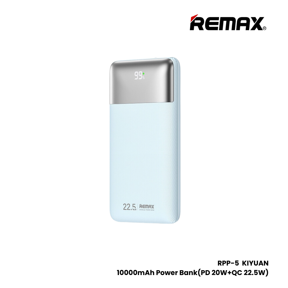 REMAX RPP-5 kiyuan Series 10000mAh PD+QC Fast Charging Power Bank(PD 20W+QC 22.5W) - Light Blue