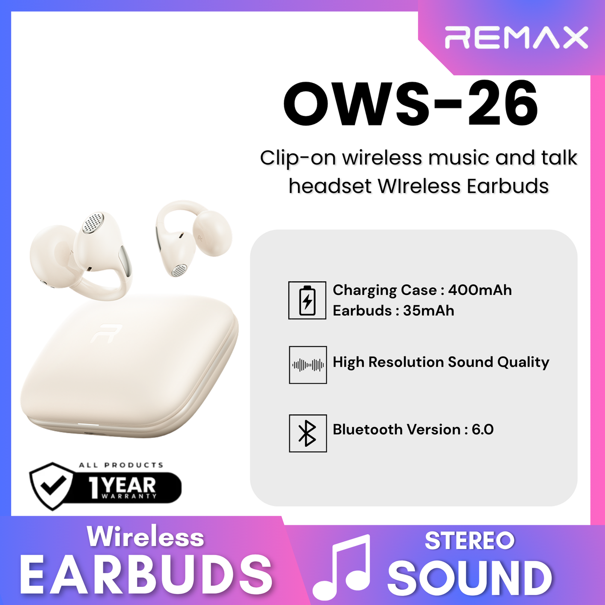 REMAX - OWS-26 Clip-on wireless music and talk WIreless Earbuds - White