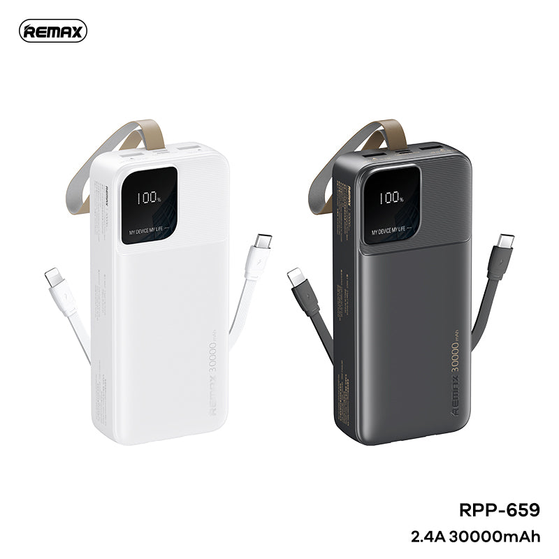 REMAX RPP-659 30000MAH RELLAEN SERIES 2.4A CABLED FAST CHARGING POWER BANK (INPUT-MICRO/TYPE-C) (OUTPUT-USB A1/A2/TYPE-C CABLE/IPH CABLE)-White
