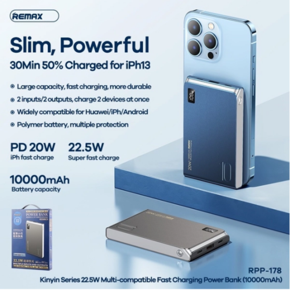 REMAX RPP-178 Kinyin Series 10000mAh PD+QC Fast Charging Power Bank(PD 20W+QC 22.5W) - Grey