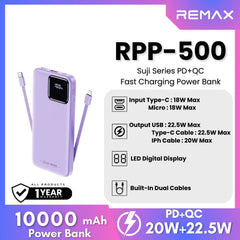 REMAX RPP-500 Suji Series 10000mAh PD+QC Fast Charging Power Bank(PD 20W+QC 22.5W) - Purple