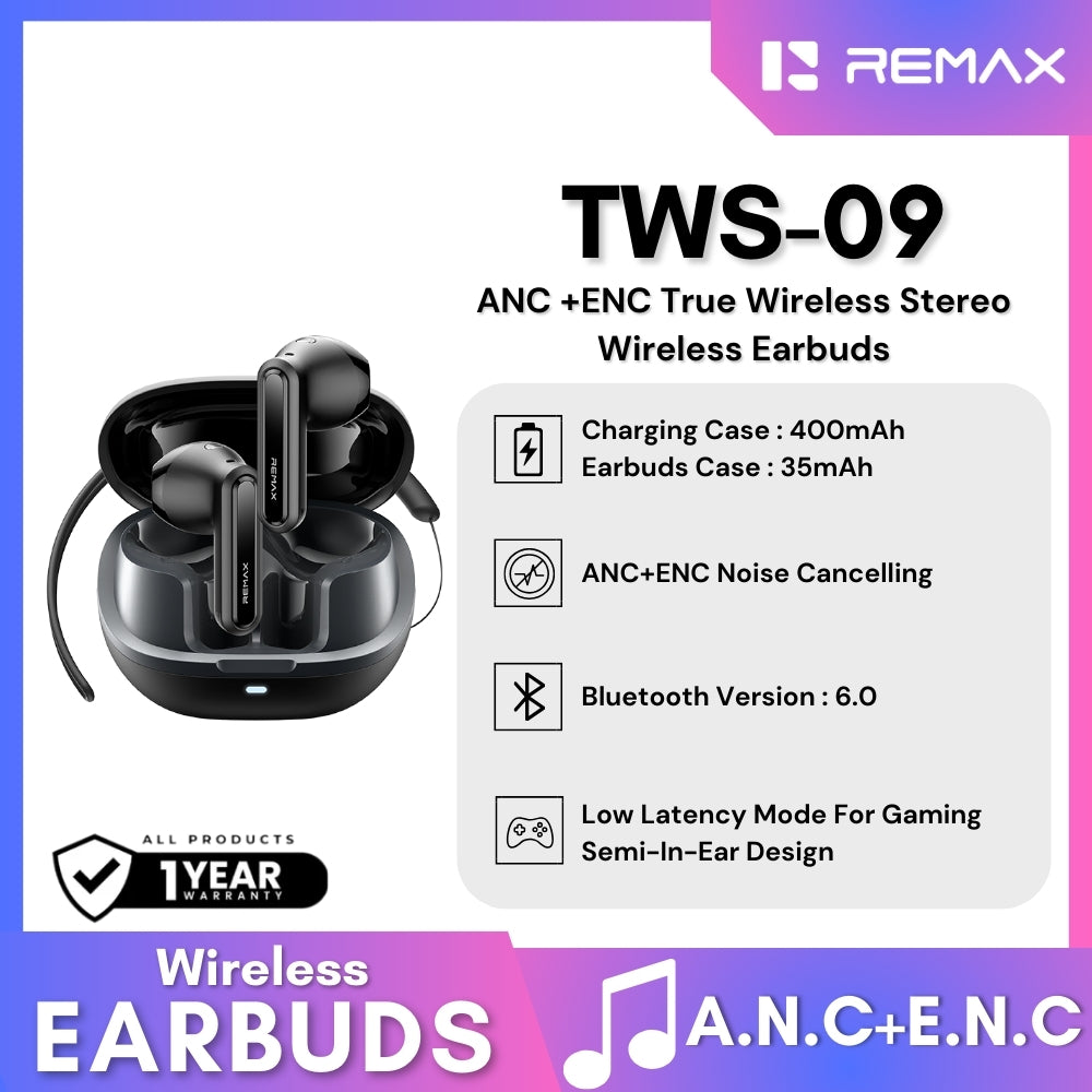 REMAX - TWS-09 ANC+ENC Stereo Bluetooth Wireless Earbuds - Black