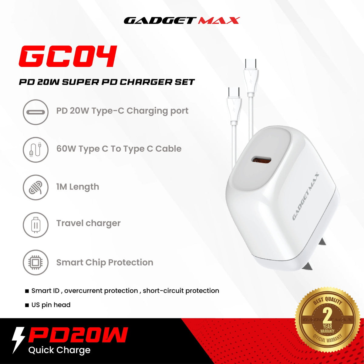 GADGET MAX - GC04 20W Super PD Charger Set With C-C 60W Cable - White