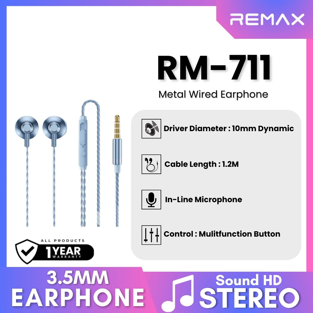 REMAX - RM-711 3.5mm Metal Wired Earphone - Blue