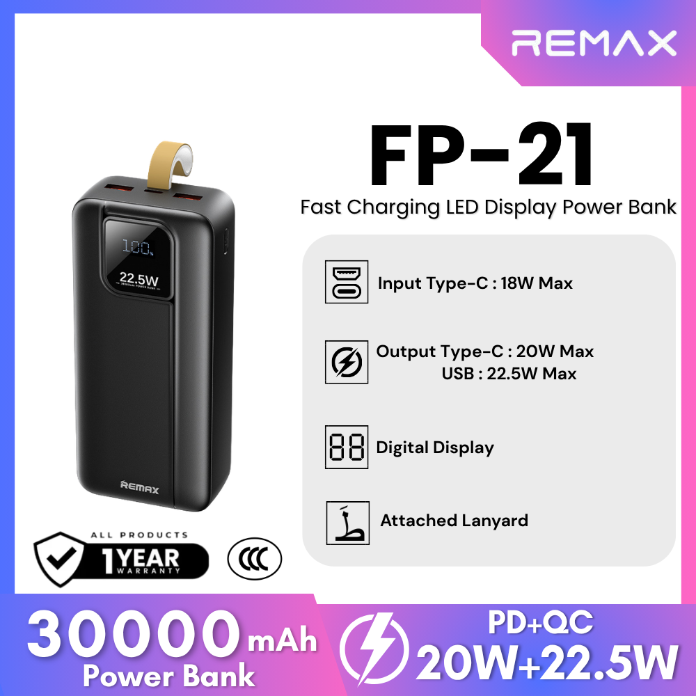 REMAX - FP-21 30000mAh Fast Charging LED Power Bank - Black