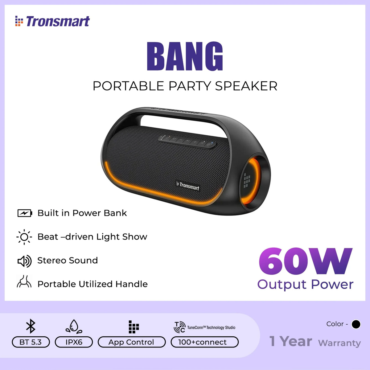 TRONSMART Bang 60W Portable Wireless Bluetooth Outdoor Speaker - Black