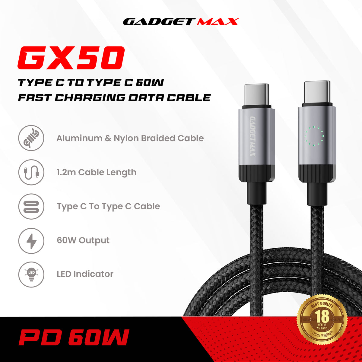 GADGET MAX - GX50 C-C Prime Series Type-C To Type-C Fast Charging Data Cable (60W) - Black