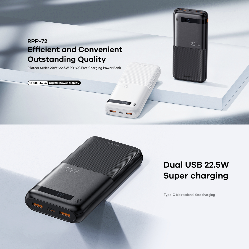 REMAX RPP-72 Piloteer Series 20000mAh PD+QC Fast Charging Power Bank(PD 20W+QC 22.5W) - Black