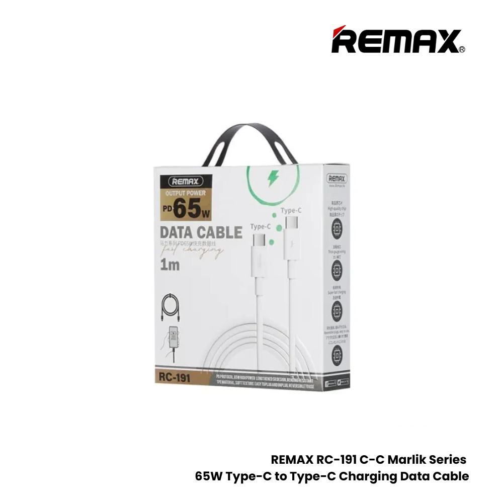 65W ( C to C )-REMAX RC-191 C-C Marlik Series 65W Type-C to Type-C Fast Charging PD Charging Data Cable - White