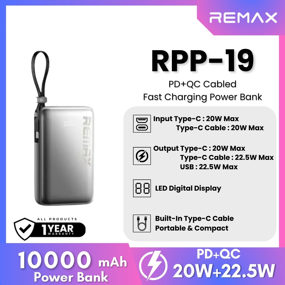 REMAX - RPP-19 10000mAh PD+QC Cabled Power Bank (20W+22.5W) - Armor Silver