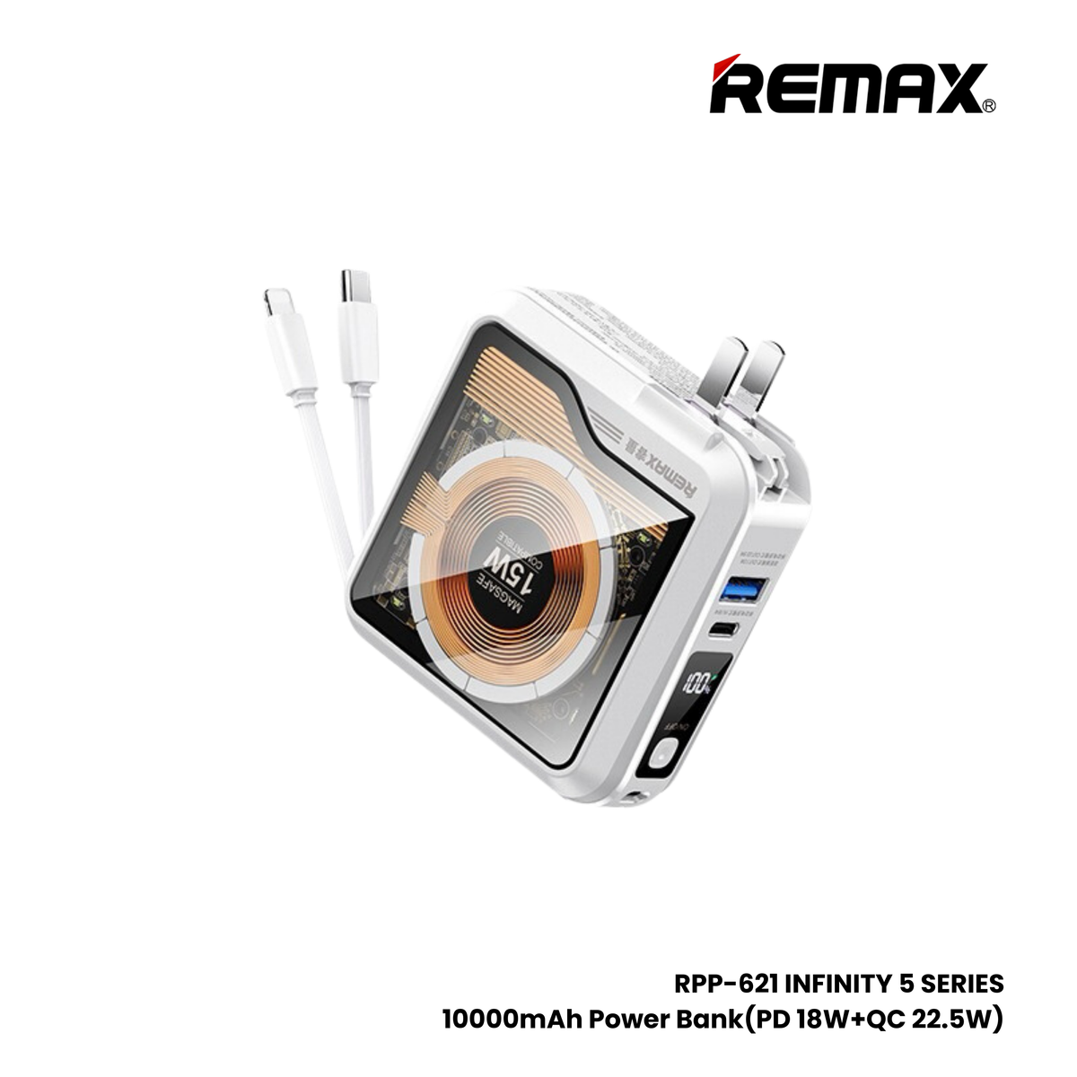 REMAX RPP-621 Infinity Series 10000mAh PD+QC Magnetic Wireless Power Bank(PD 20W+QC 22.5W) - White