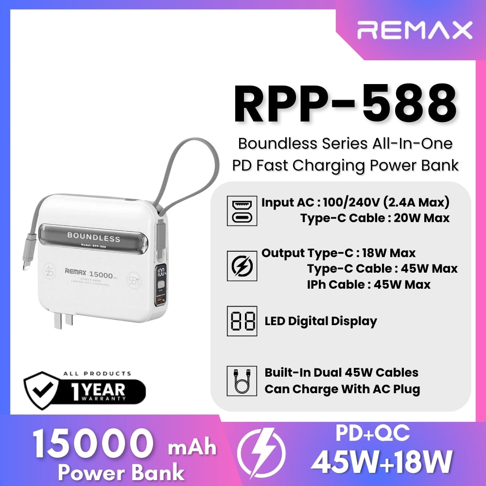 REMAX RPP-588 Boundless Series 15000mAh All-in-one PD Fast Charging Power Bank(45W) - White