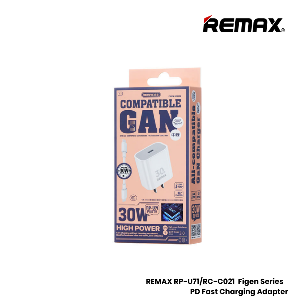 REMAX RP-U71/RC-C021 Figen Series 30W Gan PD Charger Set (PD+ C-C)- White