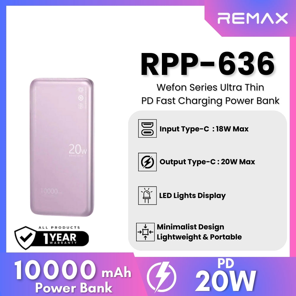 REMAX - RPP-636 Wefon Series 10000mAh Fast Charging Ultra thin Power Bank(20W) - Purple