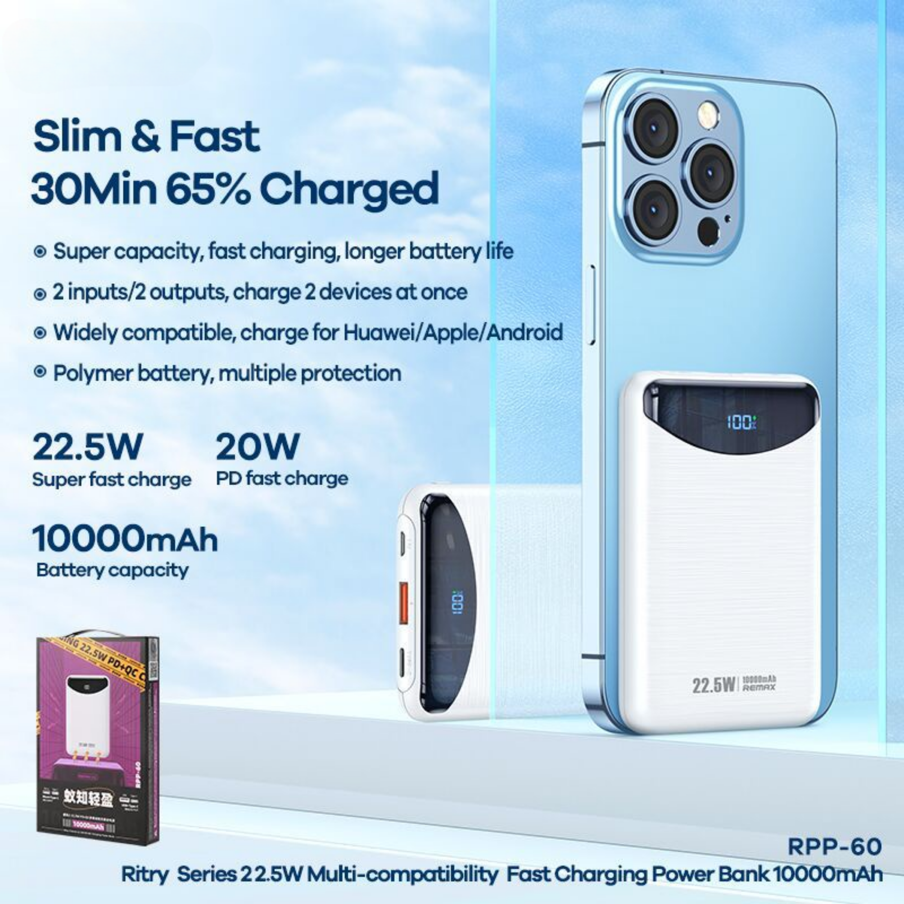 REMAX RPP-60 Ritry 2 Series 10000mAh PD+QC Fast Charging Power Bank(PD 20W+QC 22.5W) - White