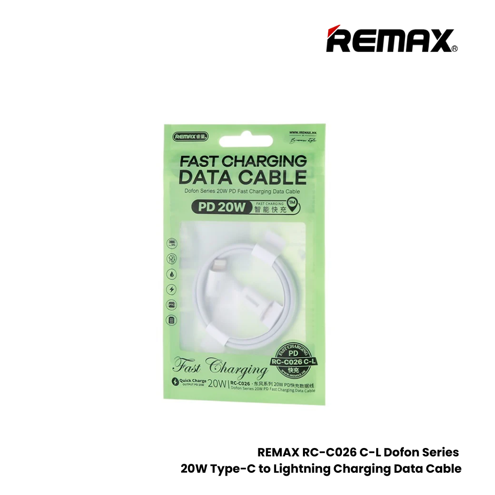 20W ( C to Lightning )-REMAX RC-C026 C-L Dofon Series 20W Type-C to Lightning Fast Charging PD Charging Data Cable - White