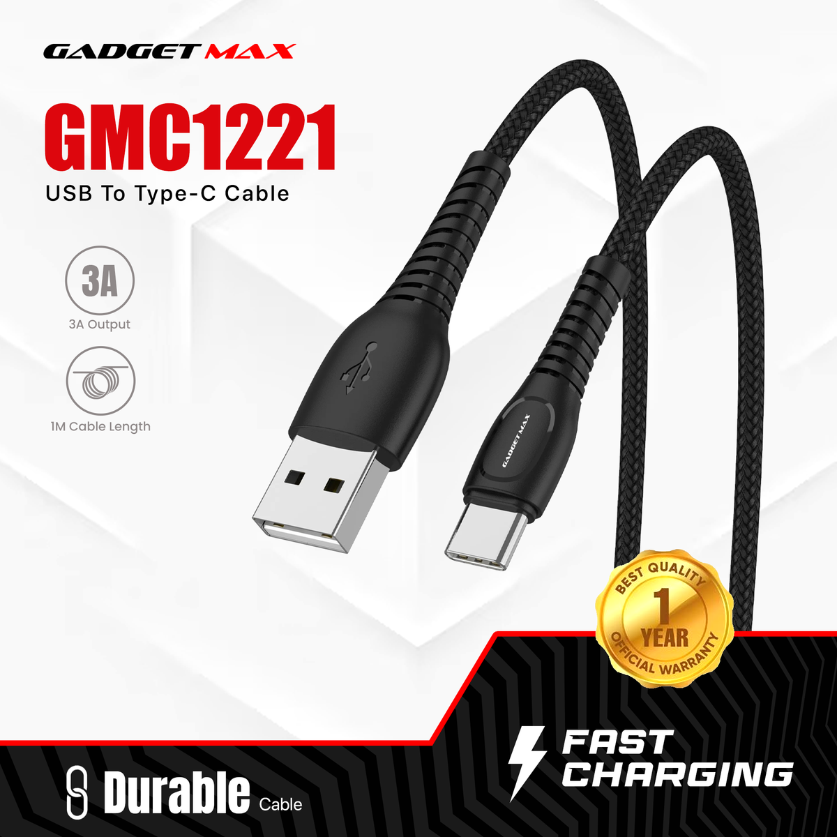 GADGET MAX GMC1221 USB TO TYPE-C CABLE (3A) (1M) - ‌WHITE