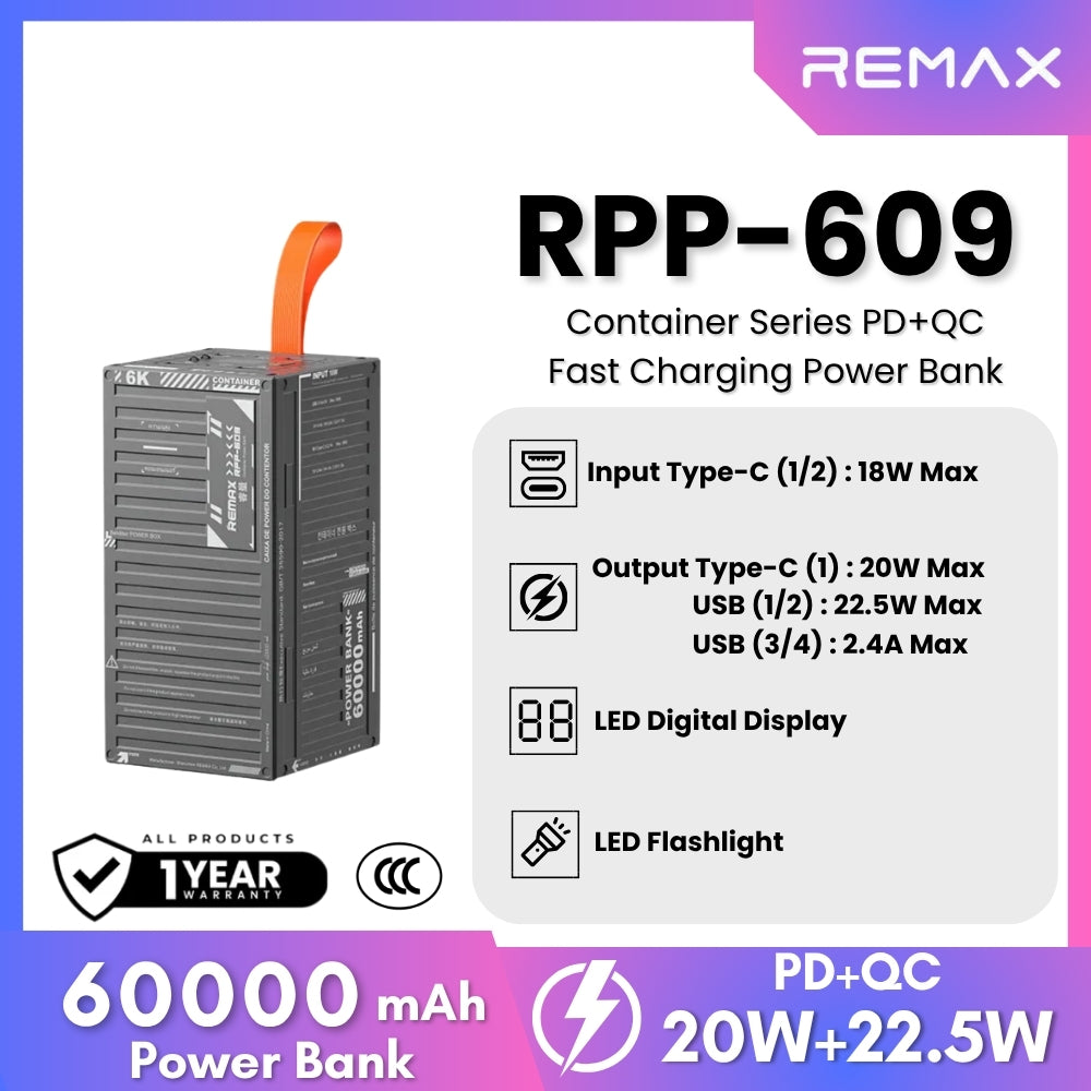 REMAX RPP-609 Container Series 60000mAh PD+QC Fast Charging Power Bank(PD 20W+QC 22.5W) - Grey