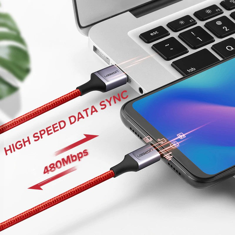 UGREEN US292 USB TO USB 2.0 TYPE.C CABLE 1M (QC3.0A) (5V2A - 480MB) (NYLON BRAID) (NICKEL PLATING ALUMINUM BRAID) - Red
