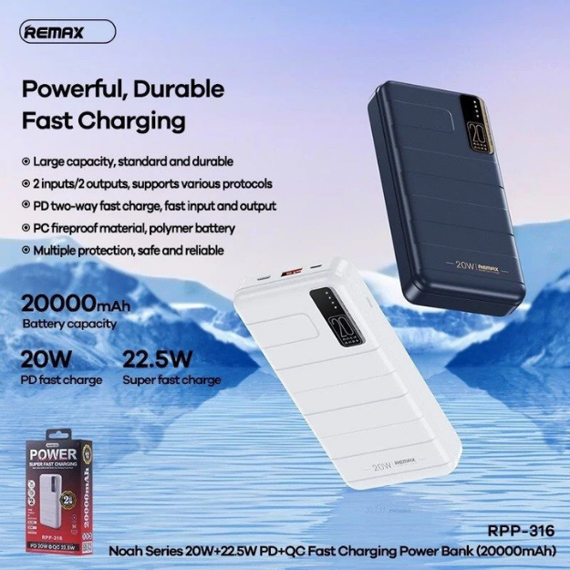 REMAX RPP-316 Noah Series 20000mAh PD+QC Fast Charging Power Bank(PD 20W+QC 22.5W) - White