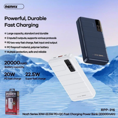 REMAX RPP-316 Noah Series 20000mAh PD+QC Fast Charging Power Bank(PD 20W+QC 22.5W) - White