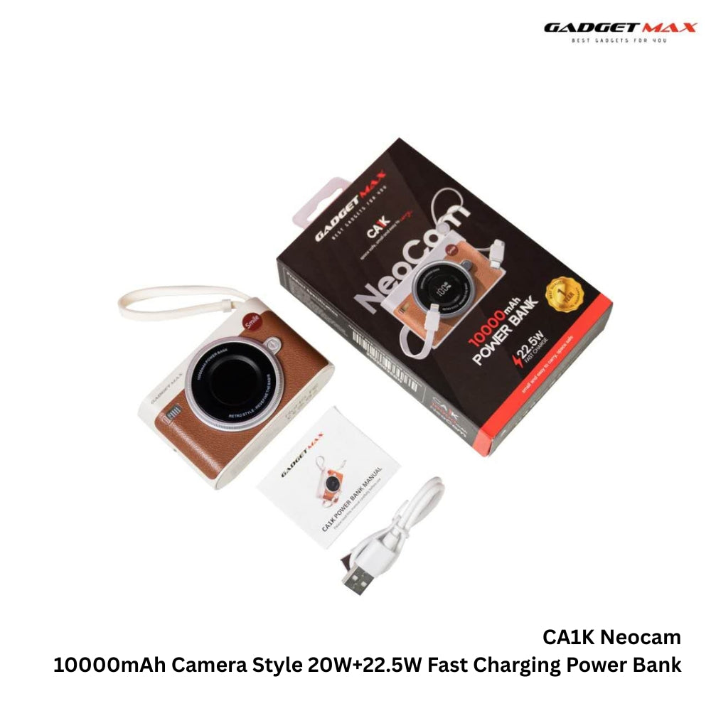 GADGET MAX - CA1K 10000mAh Neocam Camera Style Fast Charging Power Bank (20W+22.5W) - Brown
