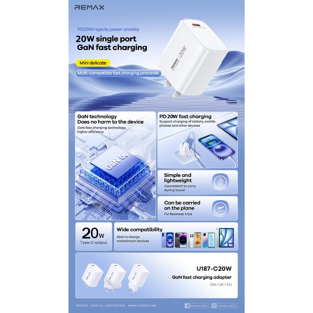 REMAX - U187 PD Gan Fast Charger (20W) - White