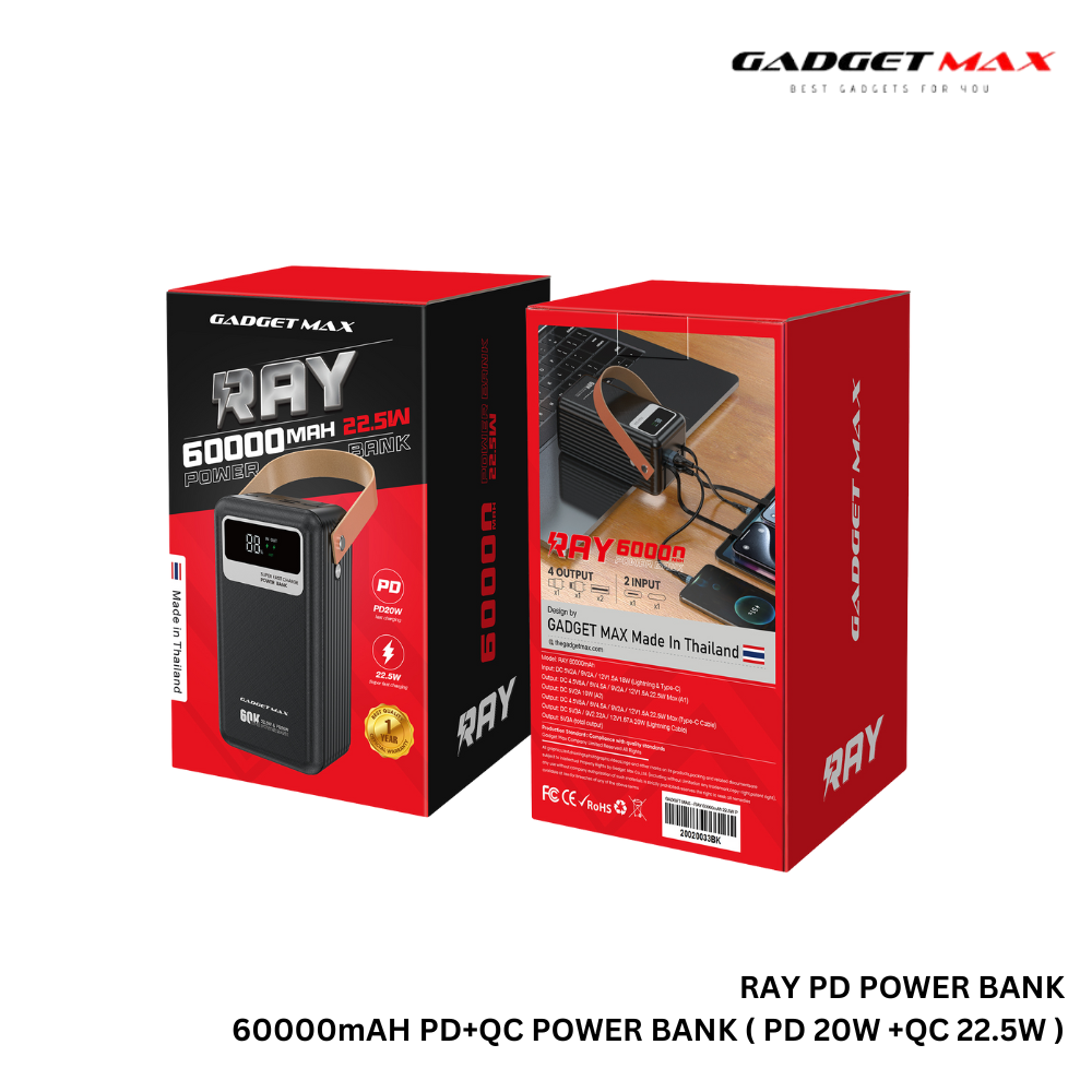 GADGET MAX - RAY PD Series 60000mAh PD+QC Fast Charging Power Bank(PD 20W+QC 22.5W) - Black