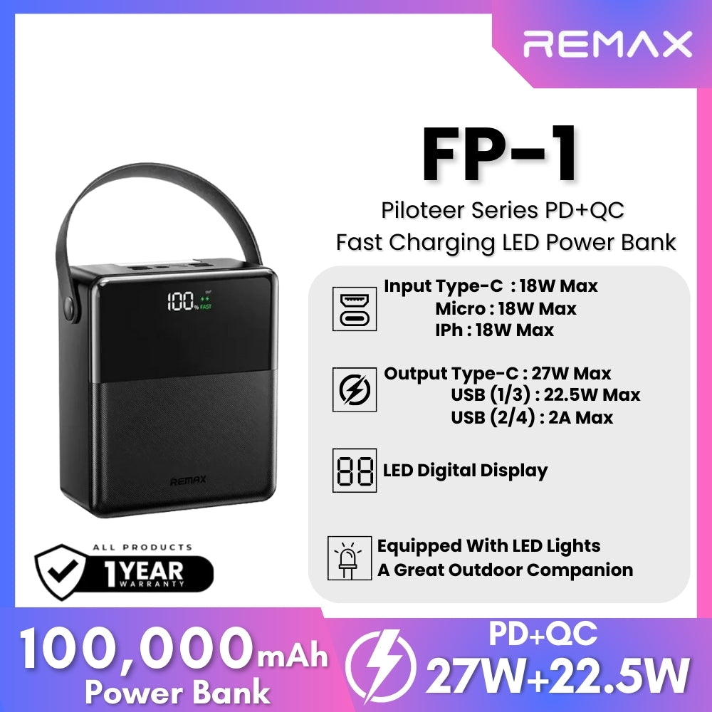 REMAX - FP-1 Piloteer Series 100000mAh PD+QC Fast Charging LED Power B ...