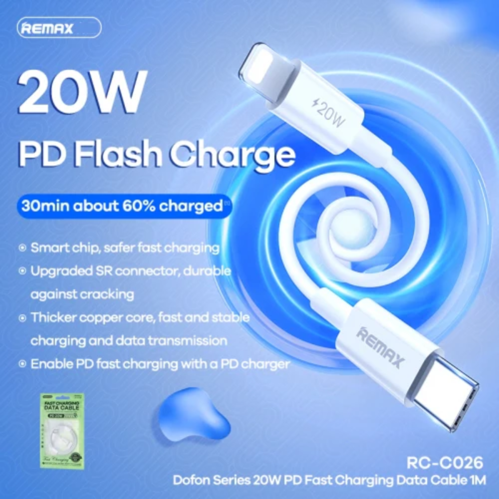 20W ( C to Lightning )-REMAX RC-C026 C-L Dofon Series 20W Type-C to Lightning Fast Charging PD Charging Data Cable - White