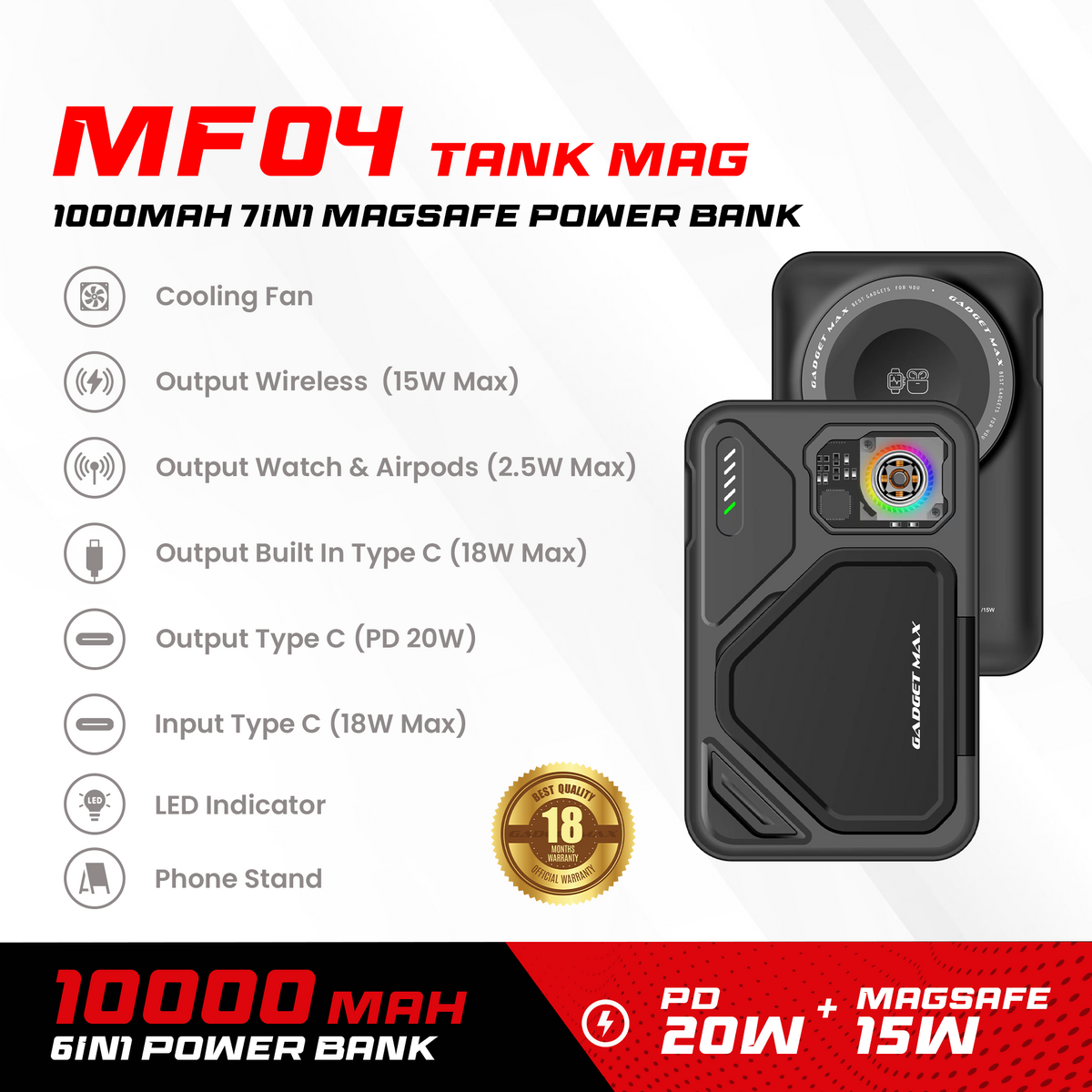 GADGET MAX - MF04 10000mAh Tank Mag 7 In 1 Magsafe Charging Power Bank - Black