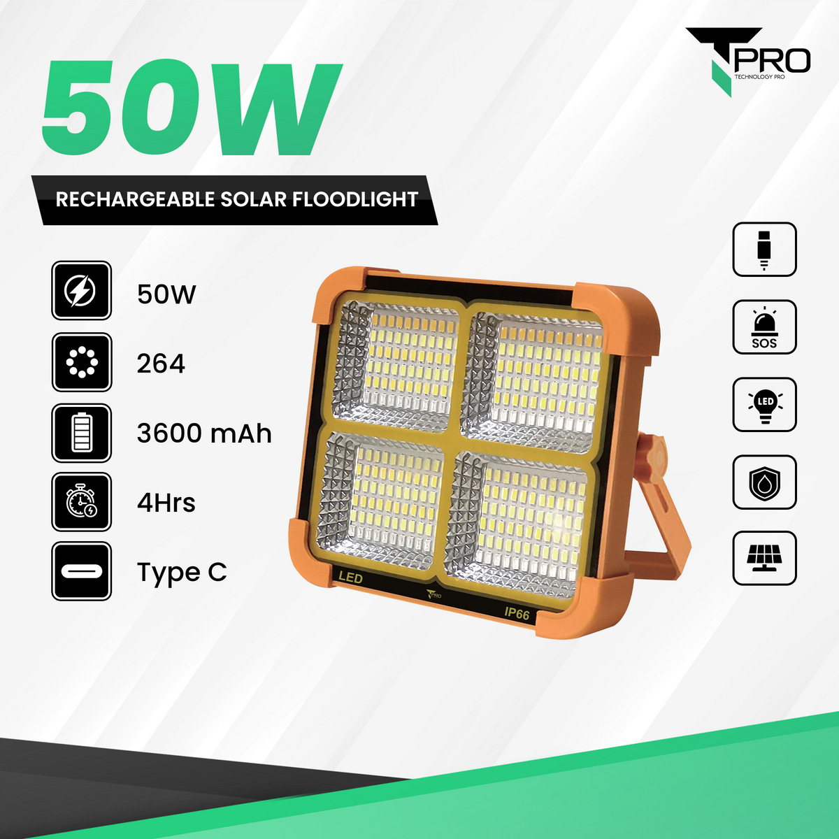 T-PRO 50W 3600MAH RECHARGABLE SOLAR FLOODLIGHT (IP66 WATERPROOF)