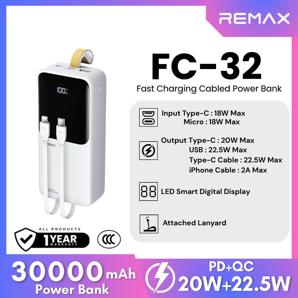 REMAX - FC-32 30000mAh Cynlle Series 22.5W Fast Charging Cabled Power Bank - White
