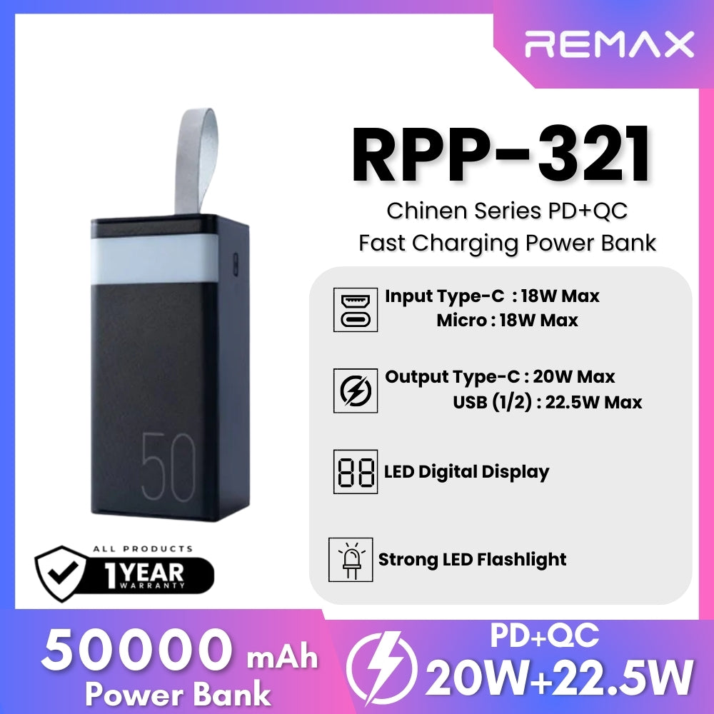 REMAX - RPP-321 Chinen Series 50000mAh PD+QC Fast Charging Power Bank(PD 20W+QC 22.5W) - Black