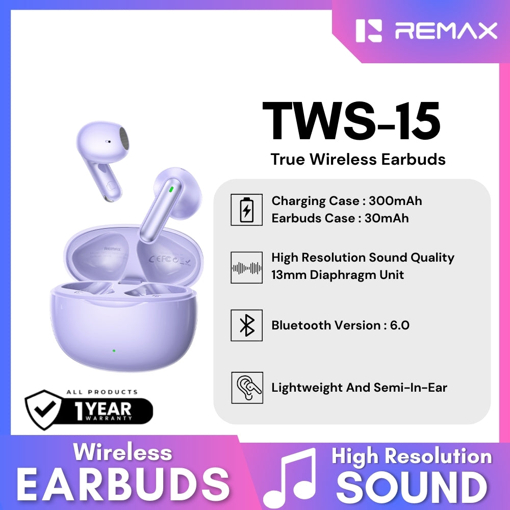 REMAX - TWS-15 Bluetooth Wireless Earbuds - Purple