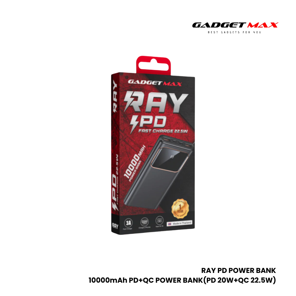 GADGET MAX RAY PD Series 10000mAh PD+QC Fast Charging Power Bank(PD 20W+QC 22.5W) - Black