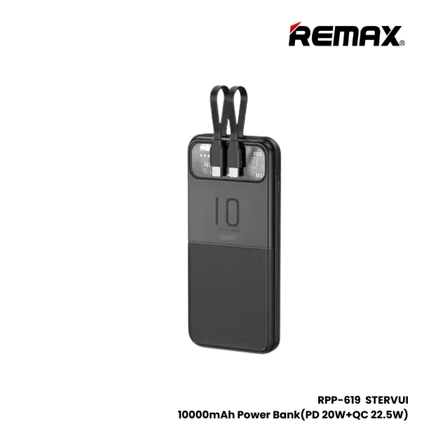 REMAX RPP-619 Stervui Series 10000mAh PD+QC Fast Charging Power Bank(PD 20W+QC 22.5W) - Black