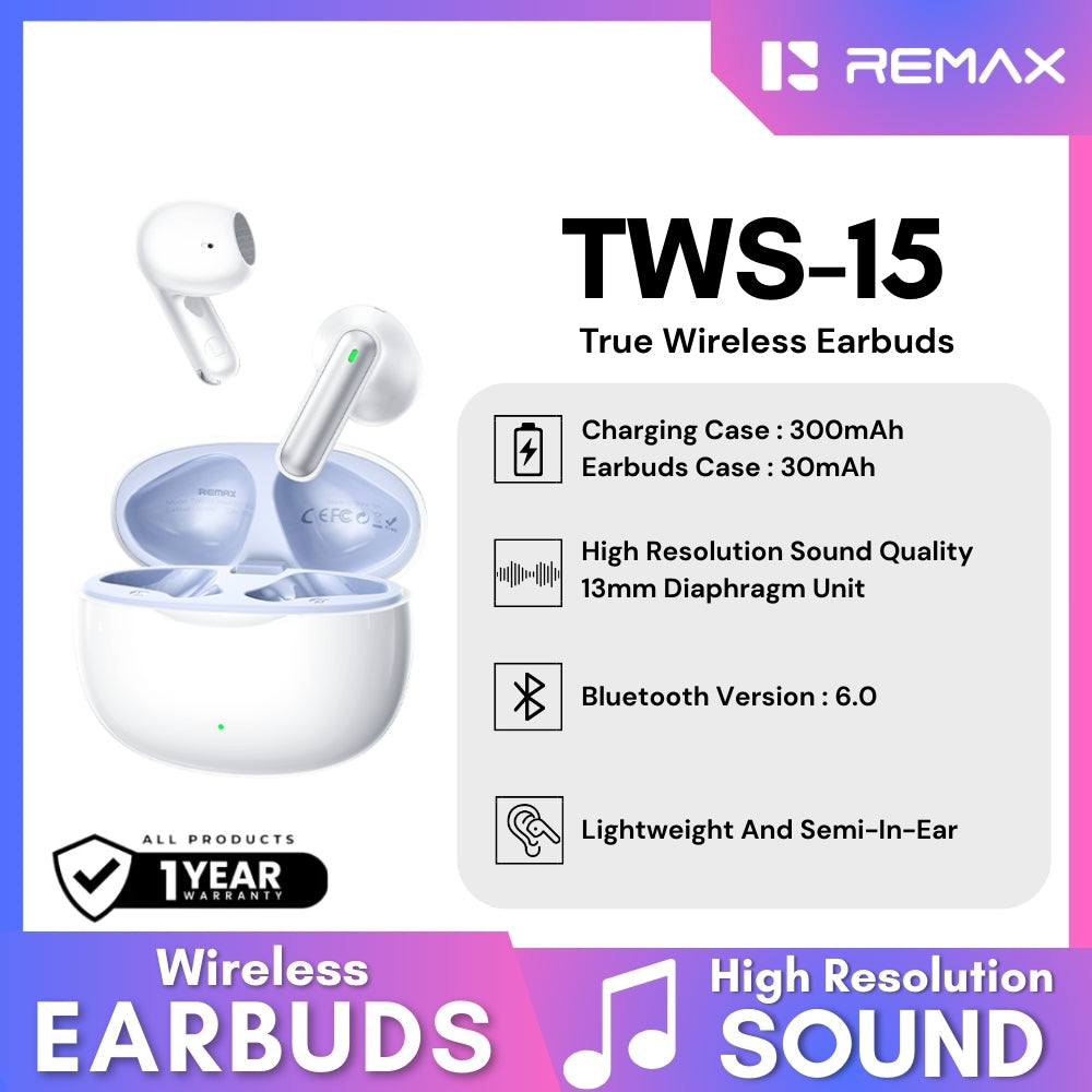 REMAX - TWS-15 Bluetooth Wireless Earbuds - White
