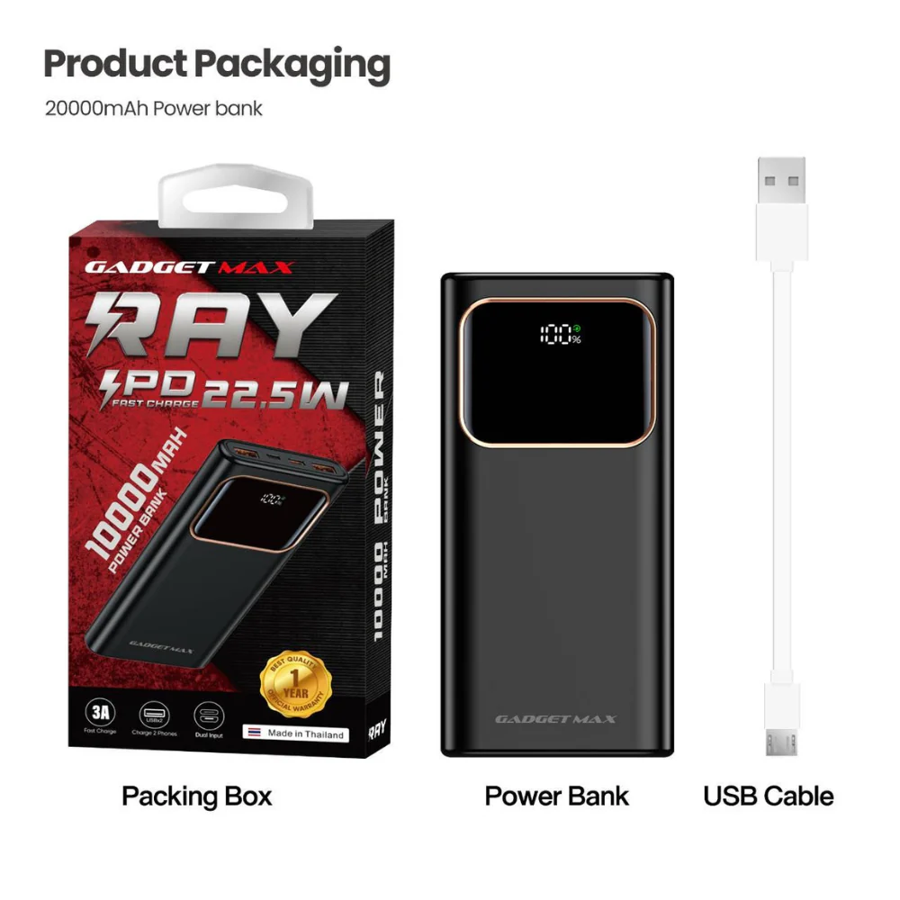 GADGET MAX RAY PD Series 10000mAh PD+QC Fast Charging Power Bank(PD 20W+QC 22.5W) - Black