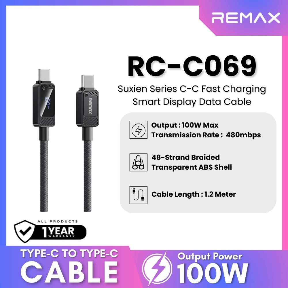 REMAX - RC-C069 C-C Suxien Series Type-C to Type-C Digital Display Fast Charging Data Cables (100W) - Black