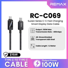 REMAX - RC-C069 C-C Suxien Series Type-C to Type-C Digital Display Fast Charging Data Cables (100W) - Black