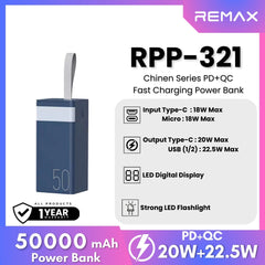 REMAX RPP-321 Chinen Series 50000mAh PD+QC Fast Charging Power Bank(PD 20W+QC 22.5W) - Blue