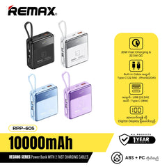 Remax RPP-605 10000mAh Resiang Series 20W + 22.5W Power Bank with 2 Fast Charging Cable - Black