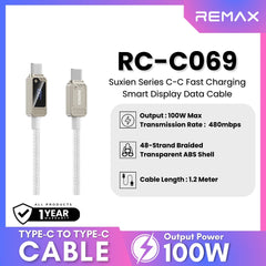 REMAX - RC-C069 C-C Suxien Series Type-C to Type-C Digital Display Fast Charging Data Cables (100W) - White
