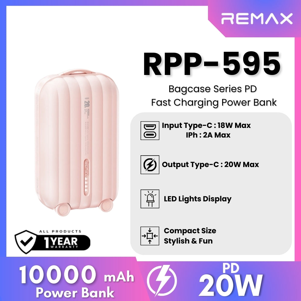 REMAX RPP-595 Bagcase Series 10000mAh PD+QC Fast Charging Power Bank(PD 20W) - Pink