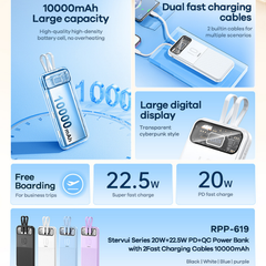 REMAX RPP-619 Stervui Series 10000mAh PD+QC Fast Charging Power Bank(PD 20W+QC 22.5W) - White