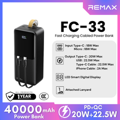 REMAX - FC-33 40000mAh Cynlle Series 22.5W Fast Charging Cabled Power Bank - Black
