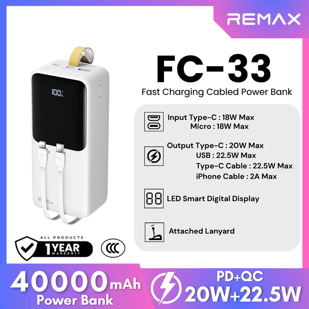 REMAX - FC-33 40000mAh Cynlle Series 22.5W Fast Charging Cabled Power Bank - White