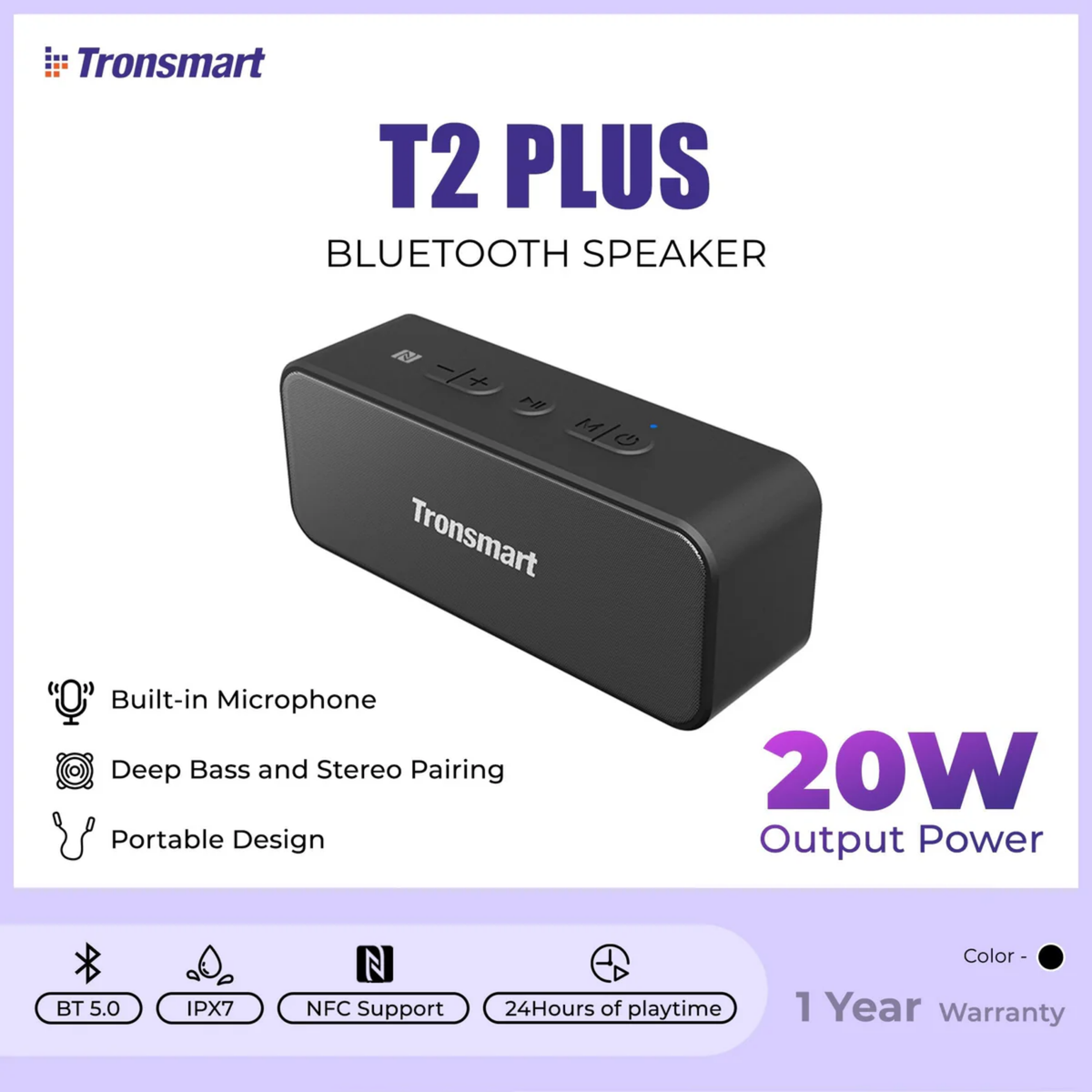 TRONSMART T2 Plus 20W Portable Wireless Bluetooth Outdoor Speaker - Black