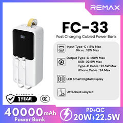 REMAX - FC-33 40000mAh Cynlle Series 22.5W Fast Charging Cabled Power Bank - White